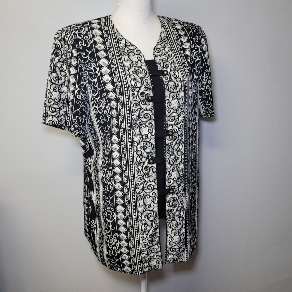 L L Martin Blouse Shoulder Pads Vintage Womens 12 Black White Geometric Swirl‎